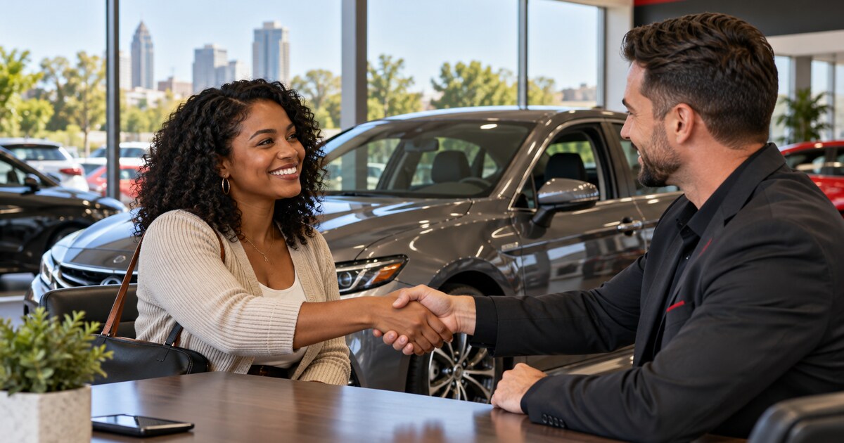 Buyer and dealer shaking hands beside a car